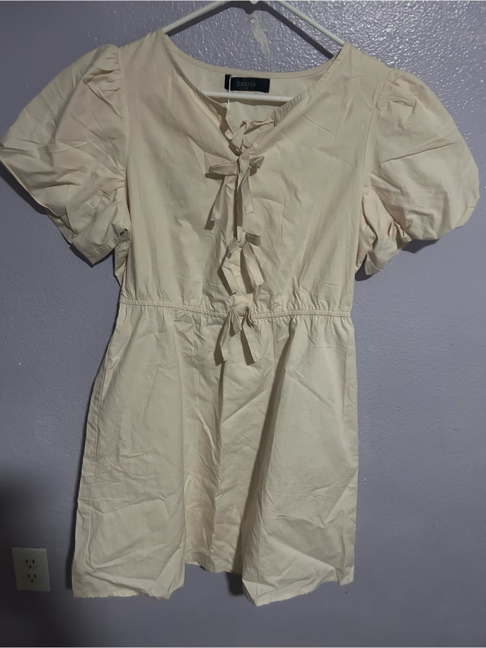 Cream Tie-Front Puff Sleeve Dress